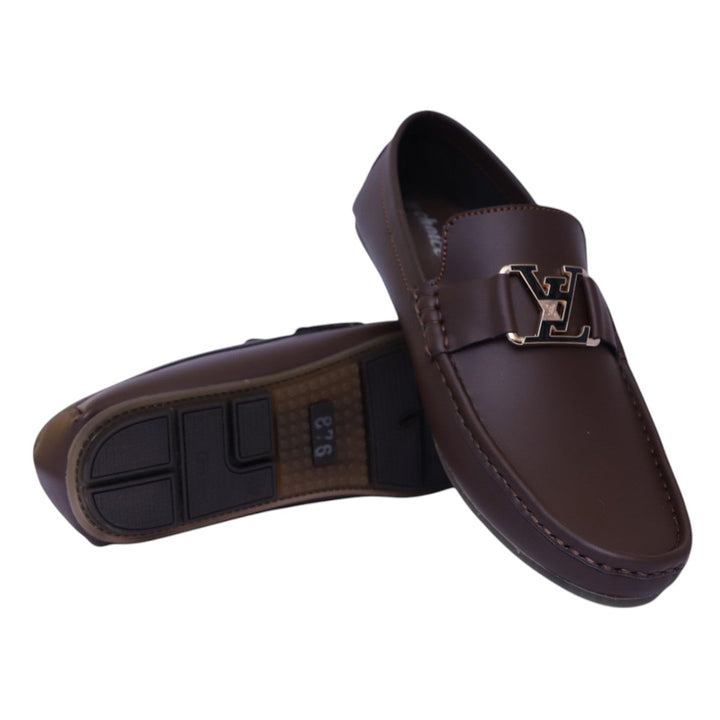 Men's Luxury Brown Loafers with Gold LV-Inspired Buckle