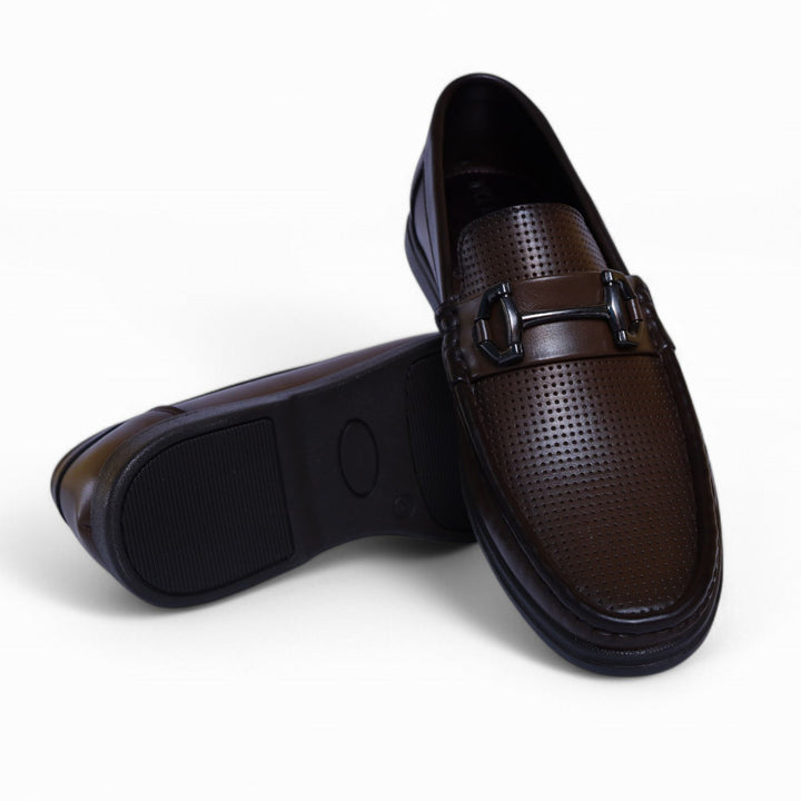 Premium Brown Loafers – Perforated Design with Metal Buckle