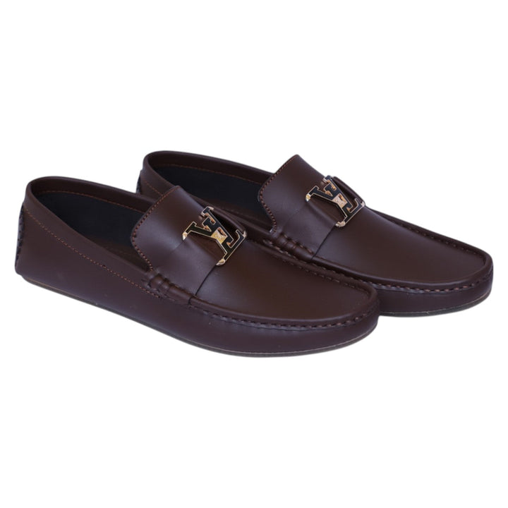 Men's Luxury Brown Loafers with Gold LV-Inspired Buckle