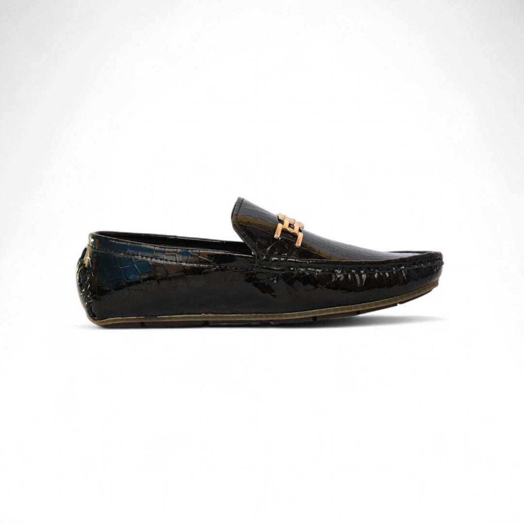 Luxe Croc-Embossed Loafers – Black
